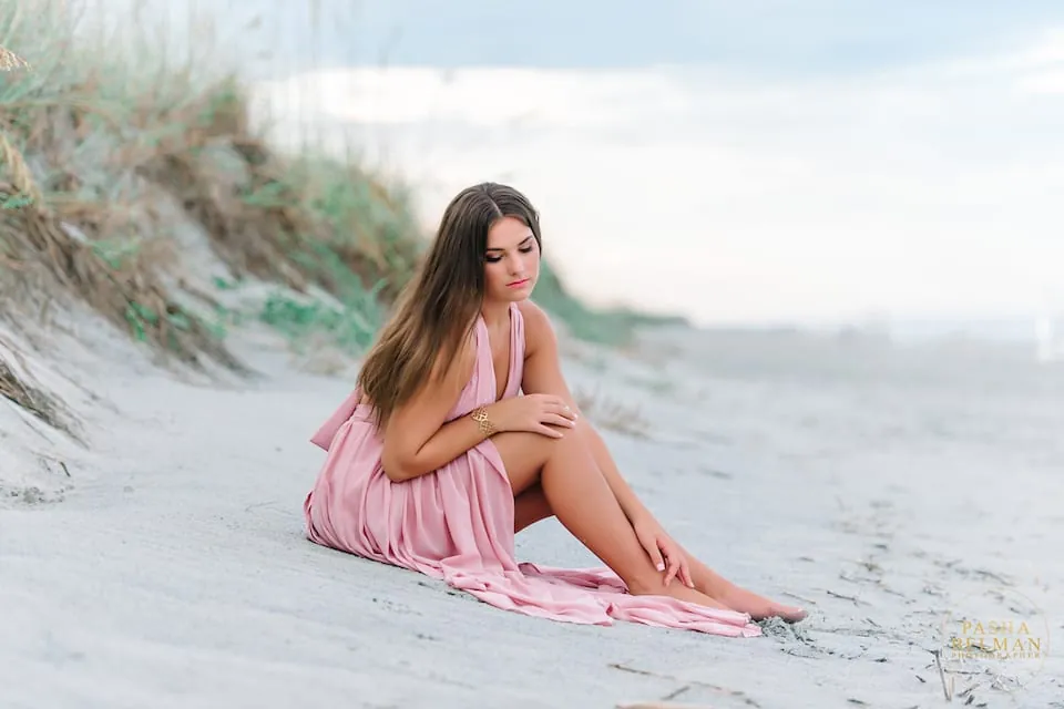 Myrtle Beach senior session featuring Mackenzie on the beach with natural light and elegant high school senior portraits