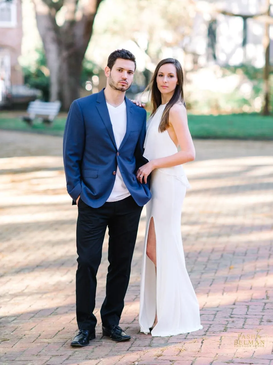 Downtown Charleston engagement photography with historic architecture