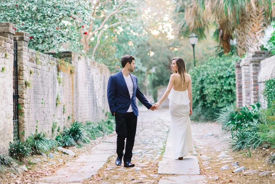 Downtown Charleston engagement session photographed in historic district