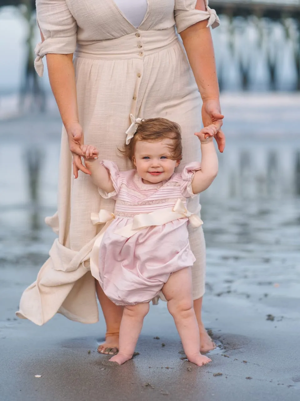 Pink and blue coordinated family beach photo outfits