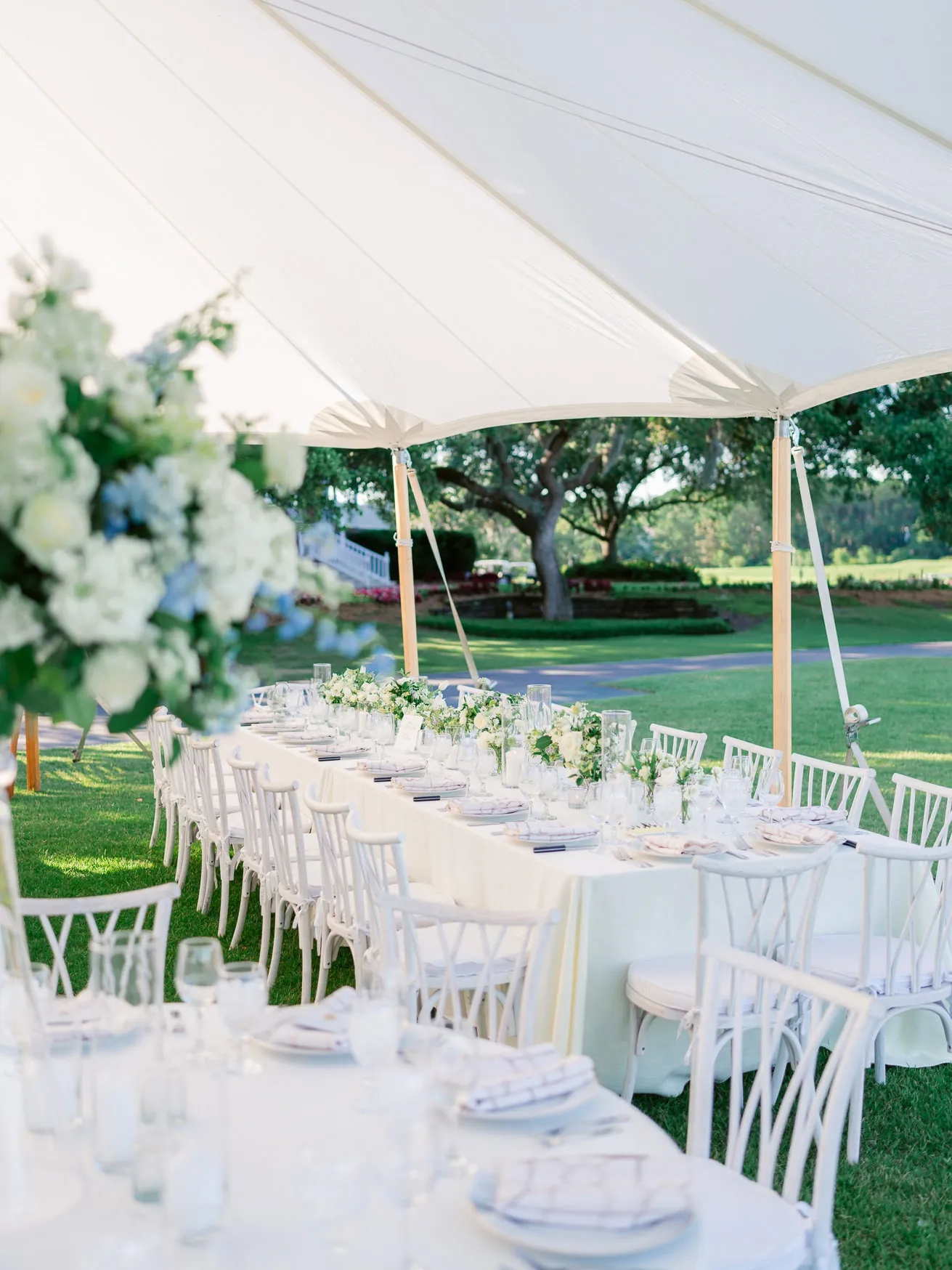Elegant outdoor wedding reception under a white tent on a lush green lawn, featuring long tables with white tablecloths, floral centerpieces, and glassware, perfect for romantic wedding photography.