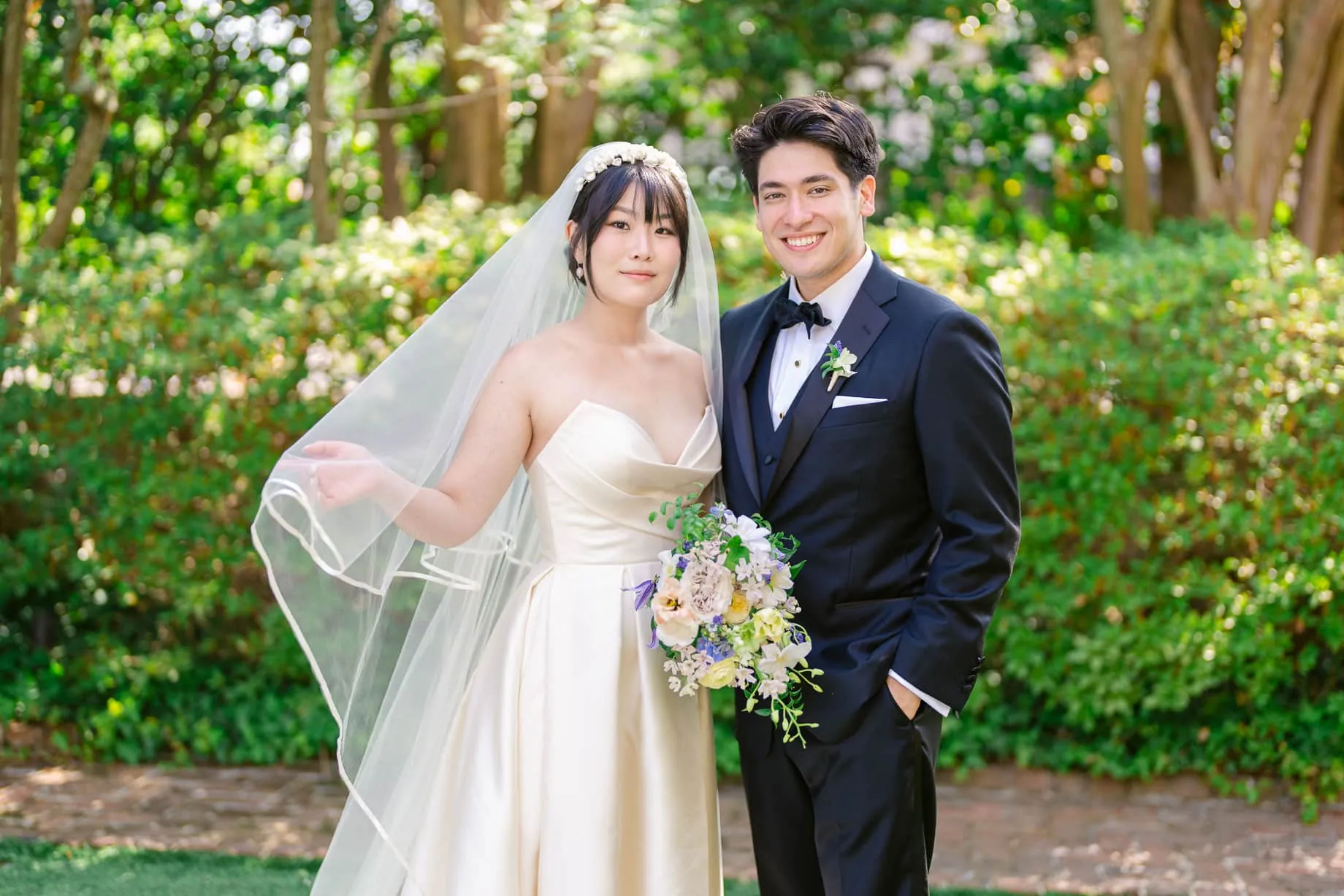 Bride and groom on the William Aiken House piazza