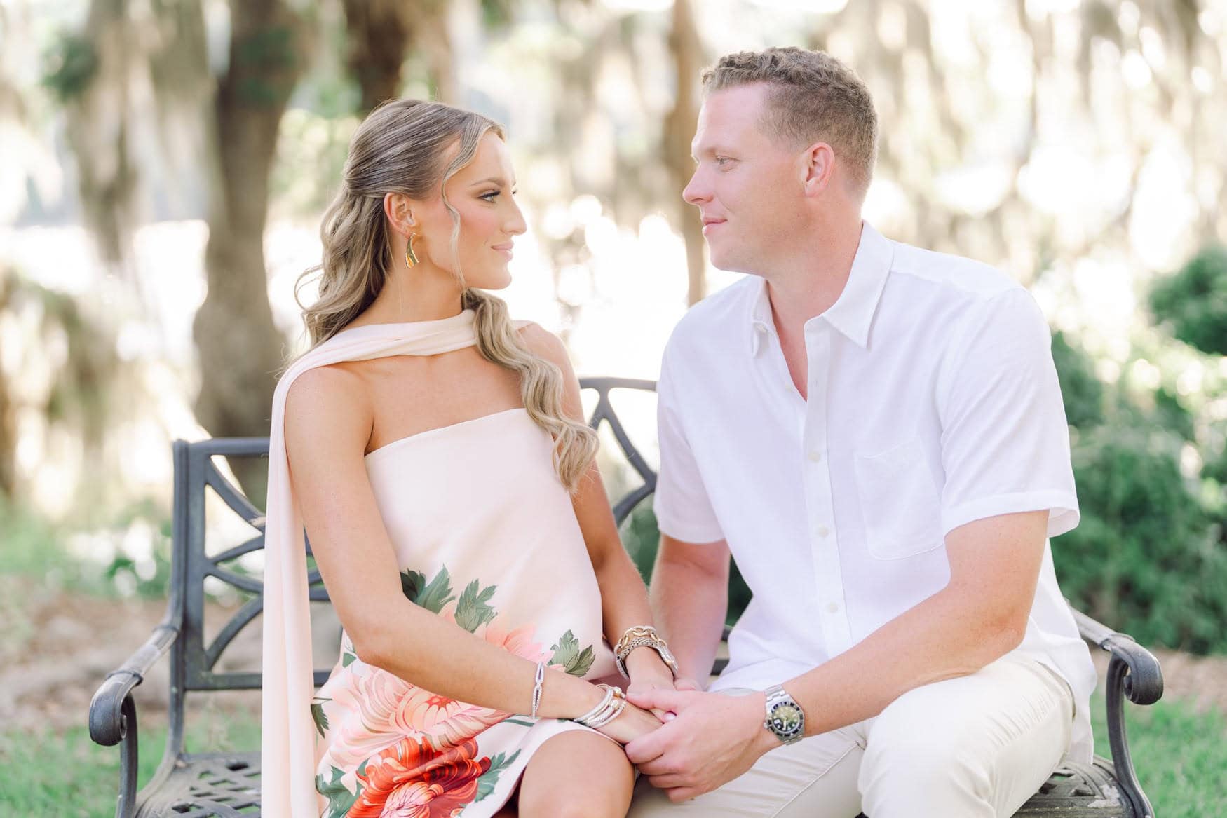 Engaged couple in matching neutral tones photographed by Pasha Belman at their Pawleys Island engagement session