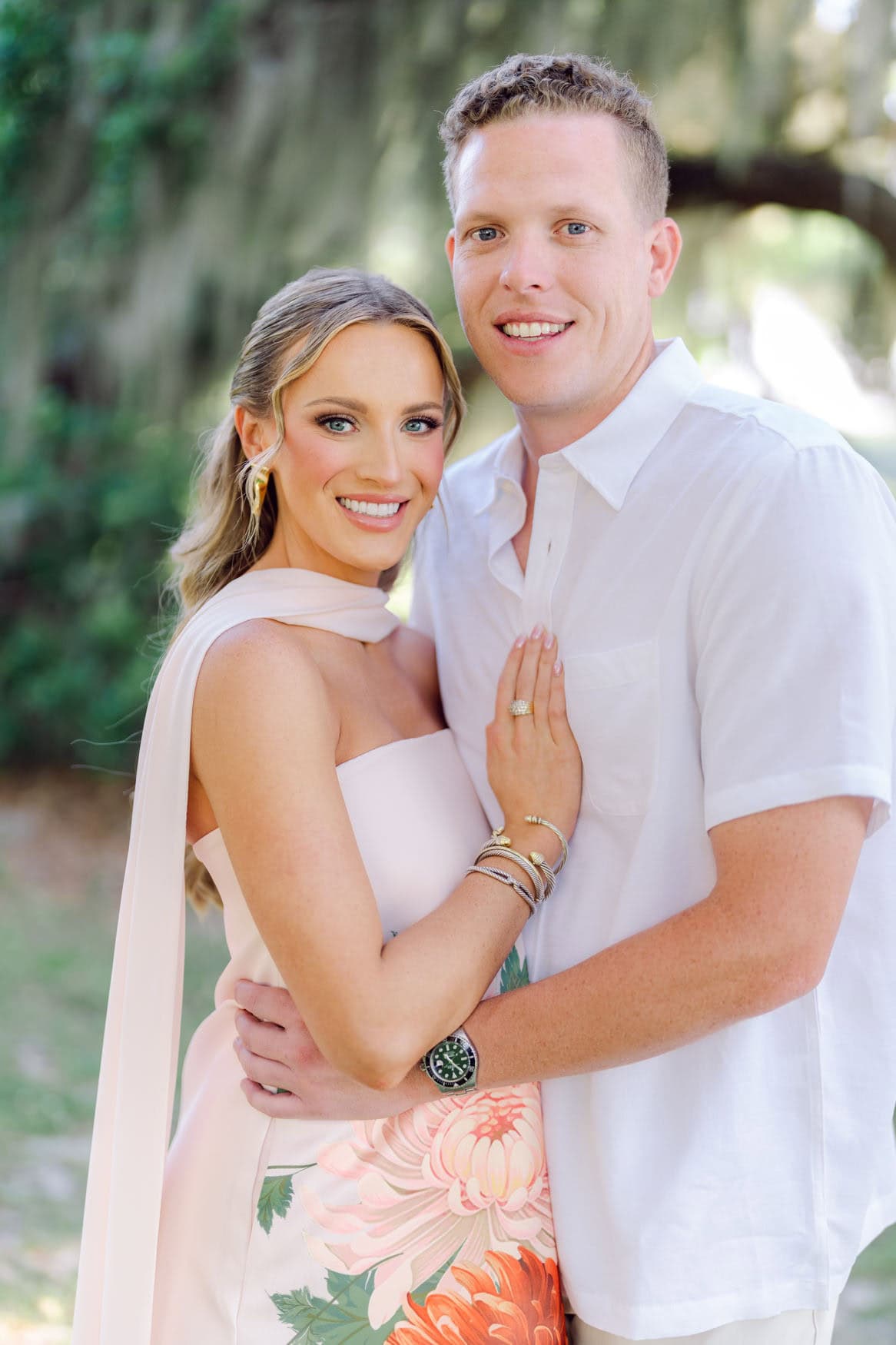 Romantic portrait of couple under live oak trees during Pawleys Island engagement session by Pasha Belman