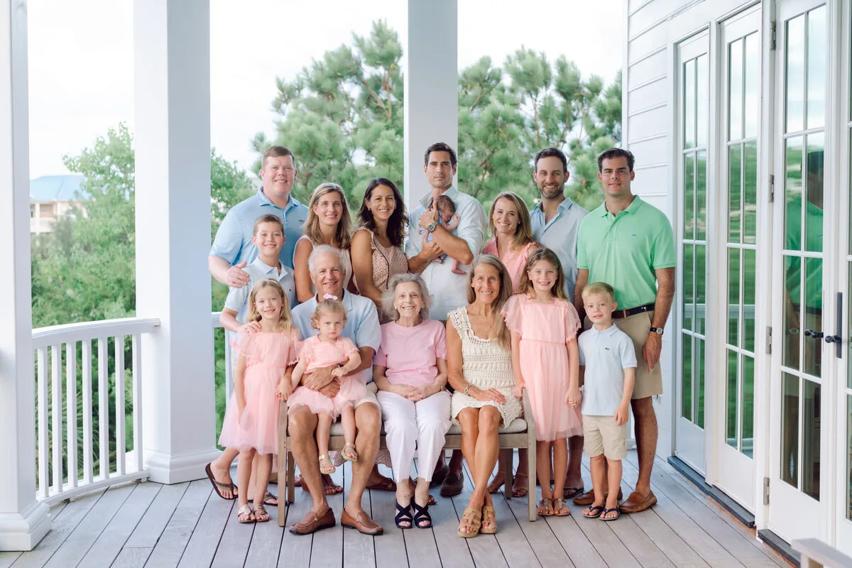 Big family on a beach house porch at DeBordieu Colony in Georgetown SC