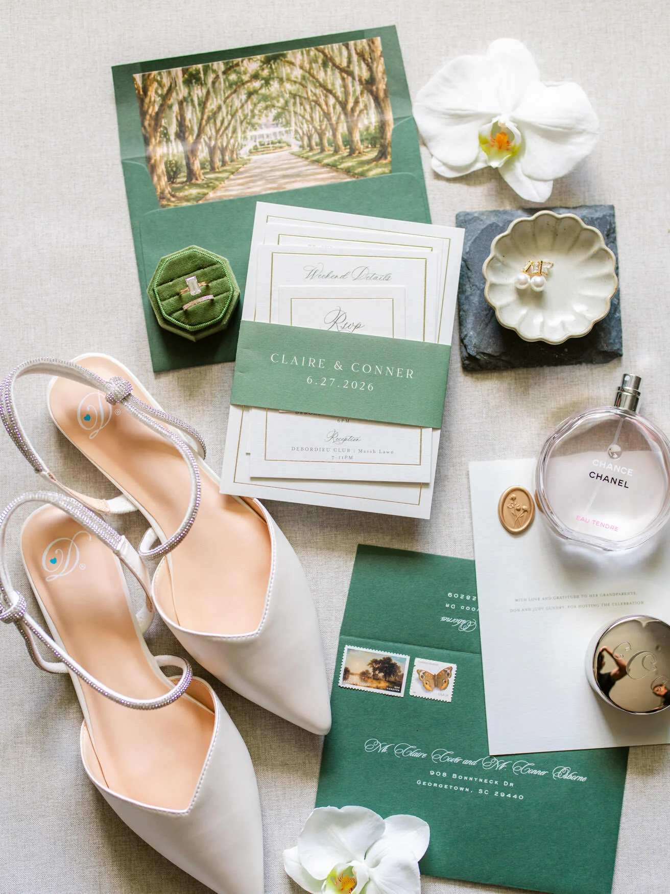 Green wedding invitation suite with bridal shoes and details
